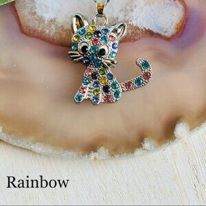 New Cat Rhinestone Pendant Necklace, Kids Silver Pet Animal Necklace